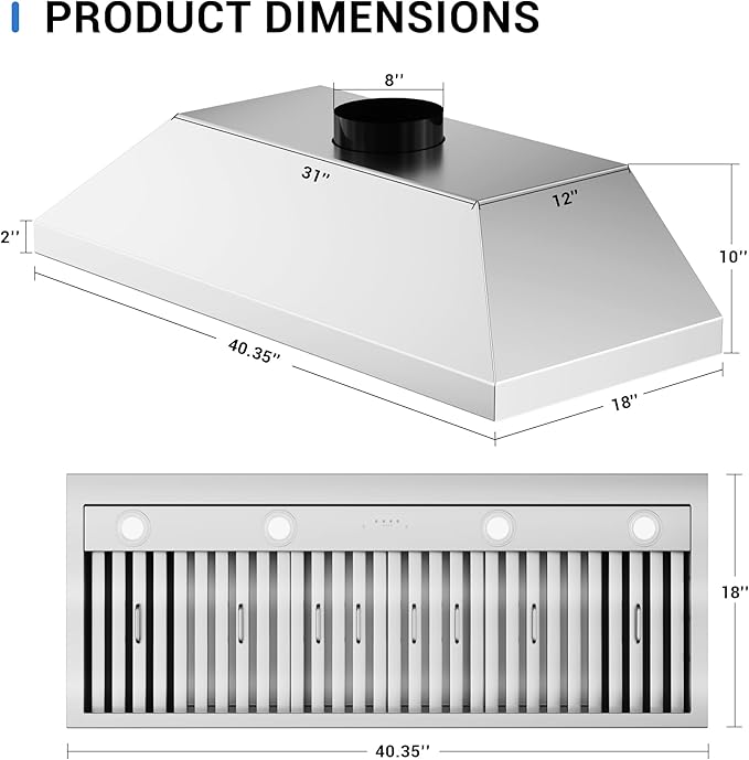 CT Copper Tailor Built-in Range Hood Insert Vent 42 Inch, 1150 CFM, with 4-Speed Fan, LED Light, Dishwasher-safe Baffle Filter, Stainless Steel