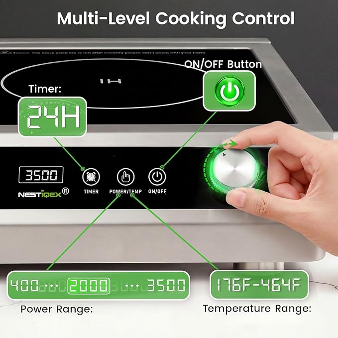 3500W Commercial Induction Cooktop, NESTIQEX 208V 3-Phase Large Induction Burner with 20 Power & Temp Levels, 9" Large Coil, 24h Timer, Pro Electric Countertop Burners for Restaurant