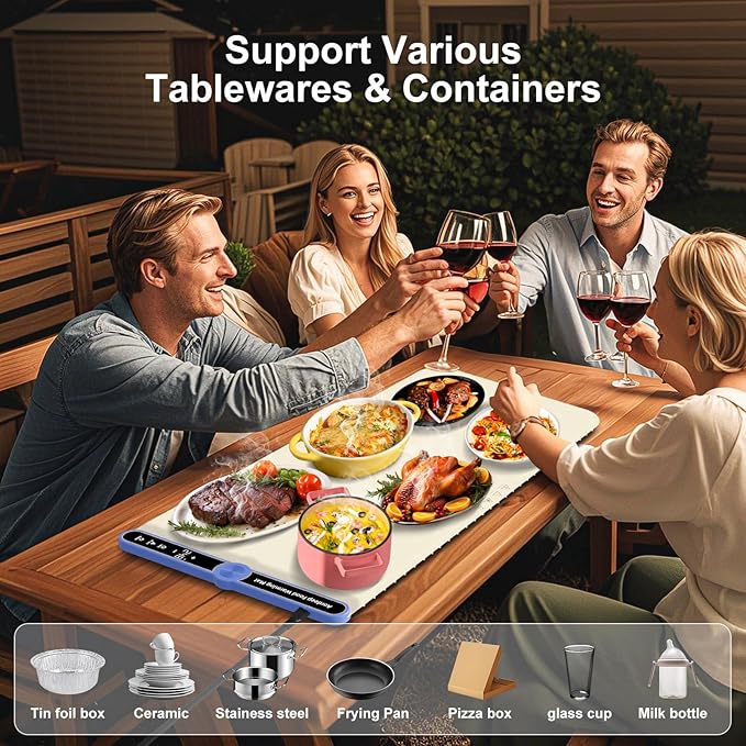 Warming Mat for Food Large Silicone Food Warmers for Parties Buffet L:32''X15'' 450W Max 248°F Portable Rolled-up Even Heating in 8S 9-Level Temp Auto Power Off Child Lock-Beige