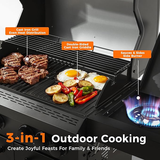 4-Burner Propane Gas Grill, 50,000 BTU Heavy Duty Outdoor BBQ Grill with Side Burner, Cast Iron Cooking Grates & Griddle for Backyard Barbecue