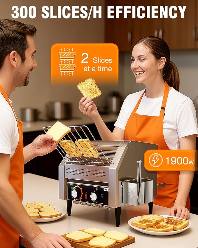 PYY Commercial Conveyor Toaster - 300 Slices/Hour Restaurant Conveyor Toaster for Bun Bagel Bread, Heavy Duty Stainless Steel 1900W, 110V
