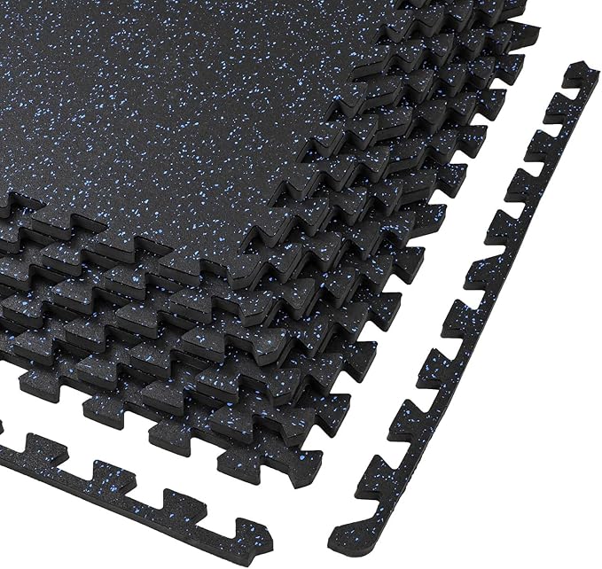 Xspec 1/2" Thick 48 sq ft (12 Tiles) Interlocking Rubber Top EVA Foam Exercise Mat | Home Gym Mats Workout Flooring Tiles for Gyms, Fitness Rooms | Durable Grip Protective Flooring, Black/Blue