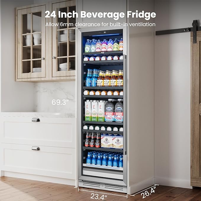 Beverage Refrigerator 24 inch -378 Cans Capacity Beverage Cooler, Upgraded Beverage Refrigerator Freestanding or Built-In, Drink Cooler for Soda, Water, Beer or Wine - For Kitchen, Bar or Office