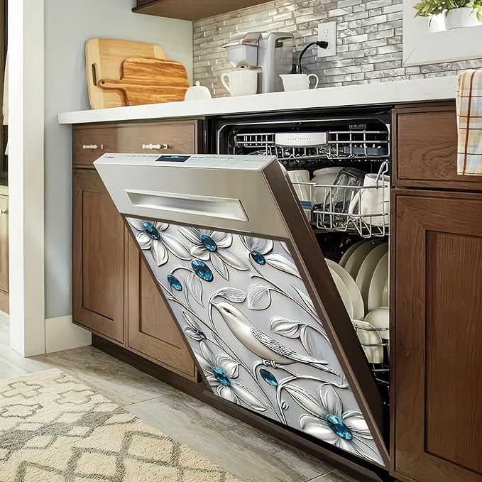 Bird Dishwasher Magnet Cover Silver Imitation Stainless Steel Bird and Flower Pattern Kitchen Dishwasher Magnetic Sticker Fridge Door Cover Magnets Art Skin Panel Decal 23x26 Inch