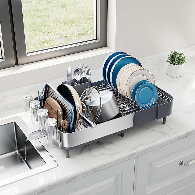SUNLY Expandable Dish Drying Rack, Versatile Brackets for Pots & Pans, Space Saving Kitchen Drying Rack, Dish Racks for Kitchen Counter, Stainless Steel Dish Drainers with Extendable Spout, Gray
