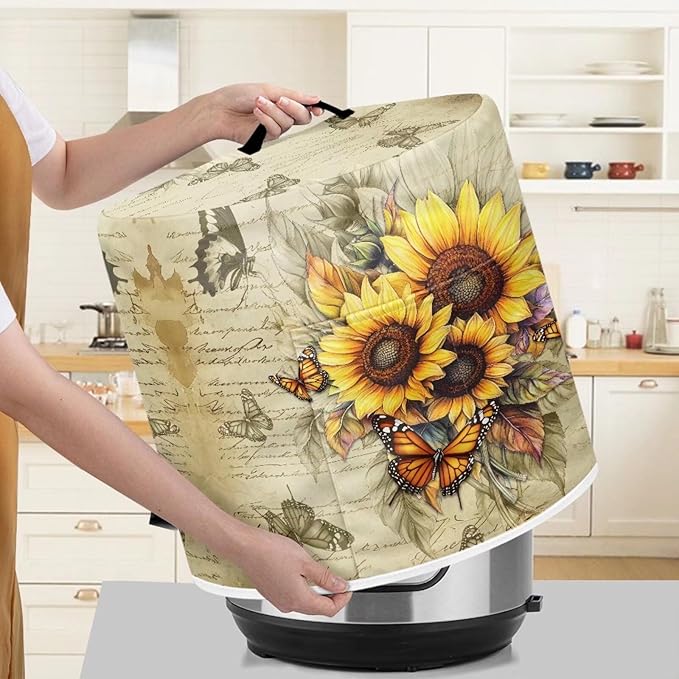 Sunflower Butterfly Print Pressure Cooker Cover for 8 Quart Instant Pot and Air Fryer Accessories, Stain Resistant Washable Round Protective Cover Electric Appliance Cover with Front Pocket
