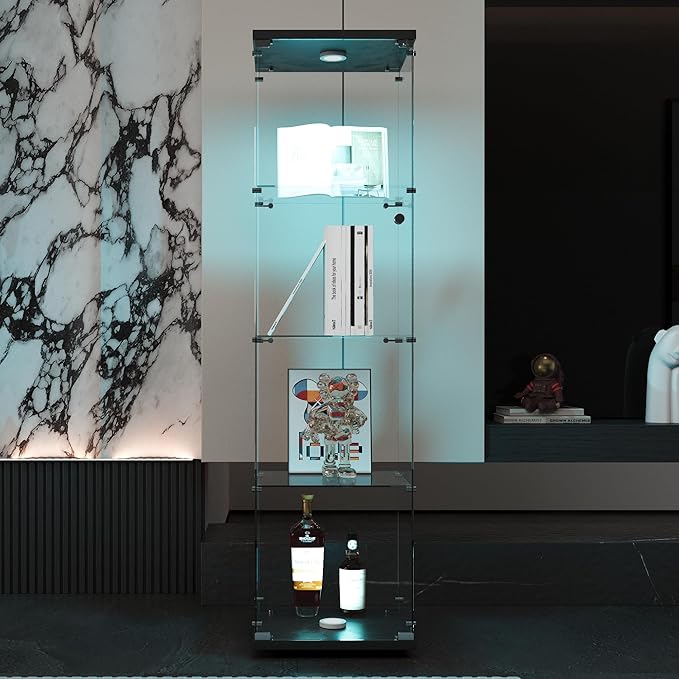 Yoluckea 4 Shelves Glass Display Cabinet with LED Light and Door, Floor Standing Clear Glass Curio Cabinet Collection for Living Room Bedroom 64.7”x16.7”x 14.3” Black(Upgrade Assembly)