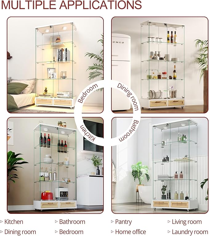 Yoluckea 4 Tier Glass Display Cabinet with LED Lighting and 2 Drawers, 2 Doors Floor Standing Curio Cabinet with Wheel for Home, Office, Corner Display, White Glass Bookshelf for Collections and Decor