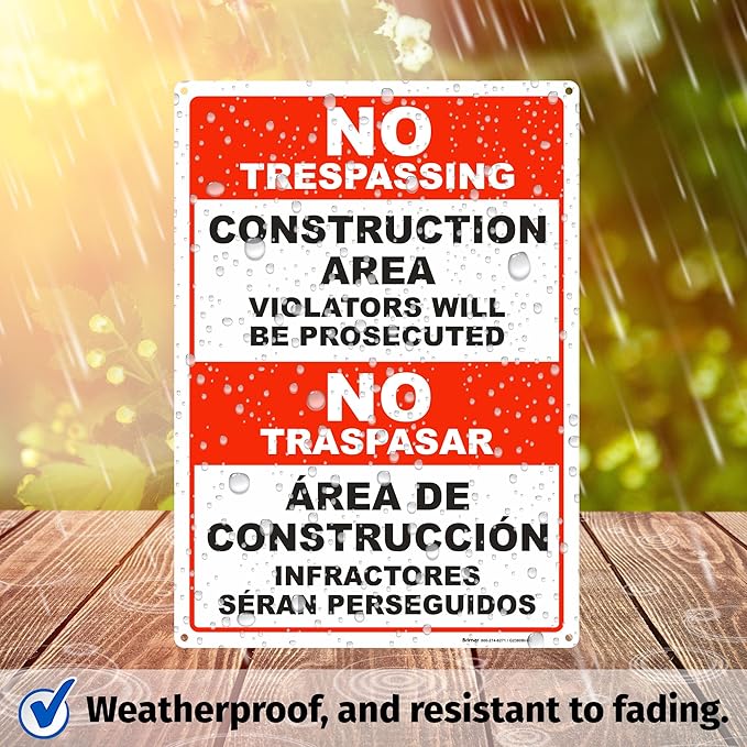 Brimar - 10" x 14" - Bilingual Construction Area Violators Will Be Prosecuted Sign - .055″ Polyethylene Plastic - Bold Text And Symbol - Easy Installation