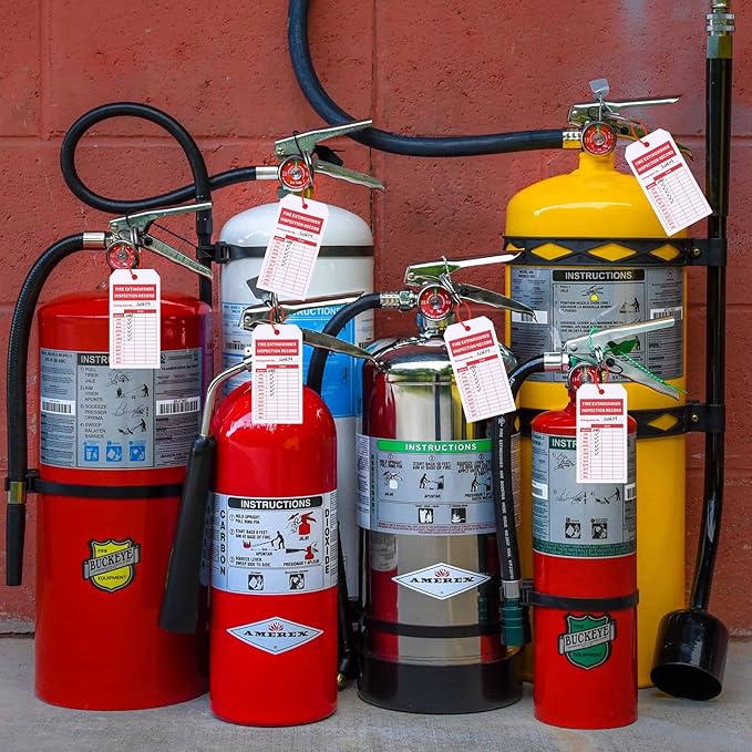 200 Sets Fire Extinguisher Inspection Tags with 200PCS Adjustable Zip Ties and 200PCS Monthly & Annual Safety Inspection Tags for Fire Equipment, 4.2 x 2.1 Inch