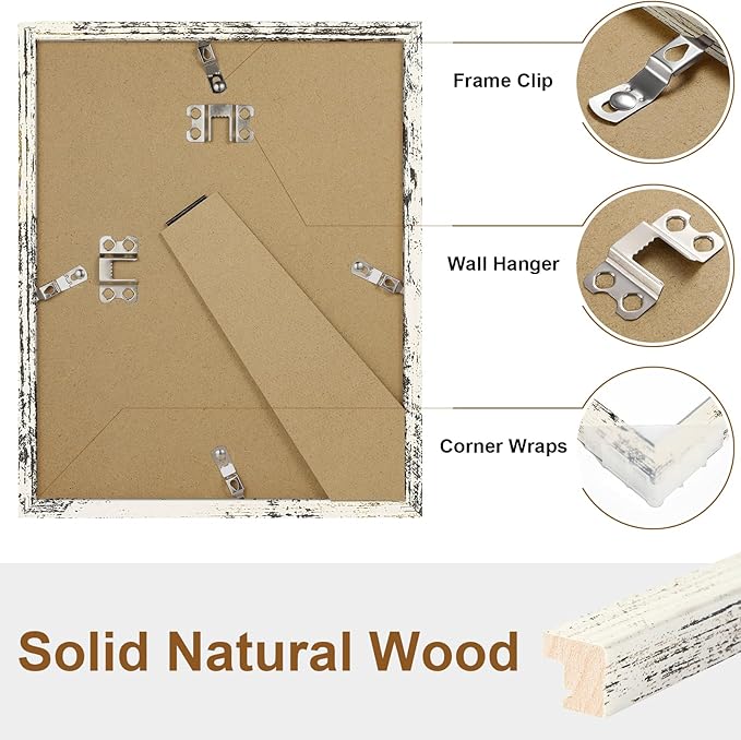 Vittanly 8x10 Picture Frame, Solid Wood Frame with Plexiglass, Includes 5x7 Mat, Wall Hanging or Tabletop for Home Decor, Distressed White, 1 Pack