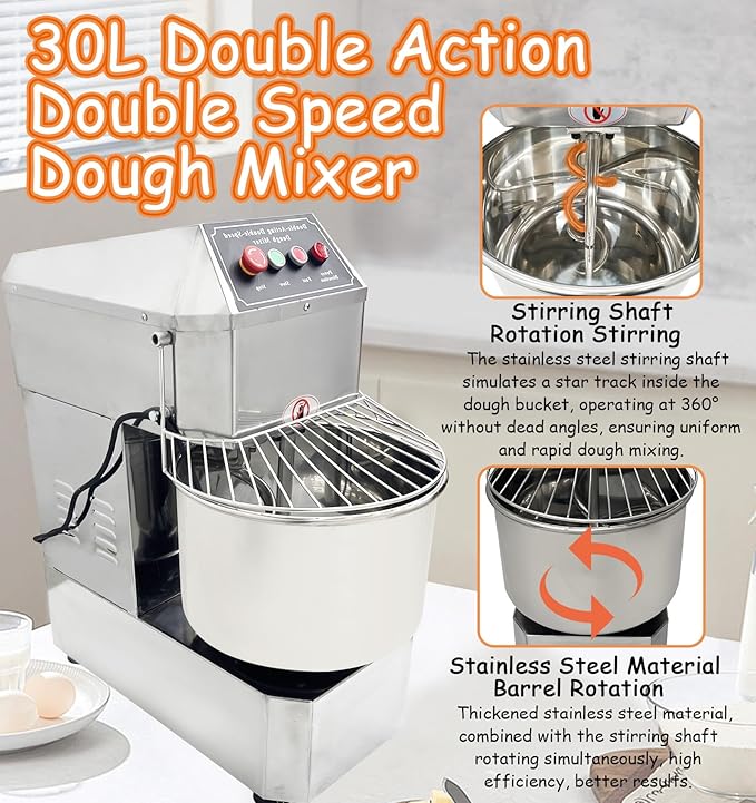 Commercial Dough Mixer 30QT, 1500W 110V Dual Speed Dual Action, Stainless Steel Spiral Stand Mixer for Pizza Dough, Bakeries, Restaurants & Schools
