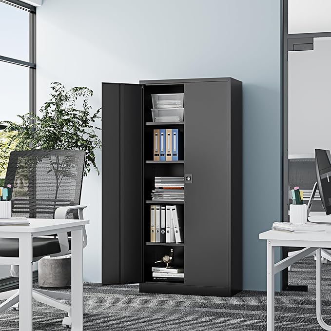 Metal Storage Cabinet-72” Black Tall Steel File Cabinets with Lockable Doors and Adjustable Shelves-Black Steel Storage Cabinet for Kitchen, Office, Garage