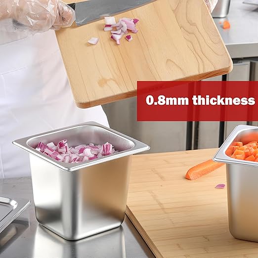 EGGKITPO1/6 Size 6 Inch Deep Stainless Steel Pans with Lid 6 Pack Steam Table Pan Commercial Hotel Pan for Salad Prep Table Metal Food Pans with Cover for Kitchen and High-Volume Restaurant Supplies