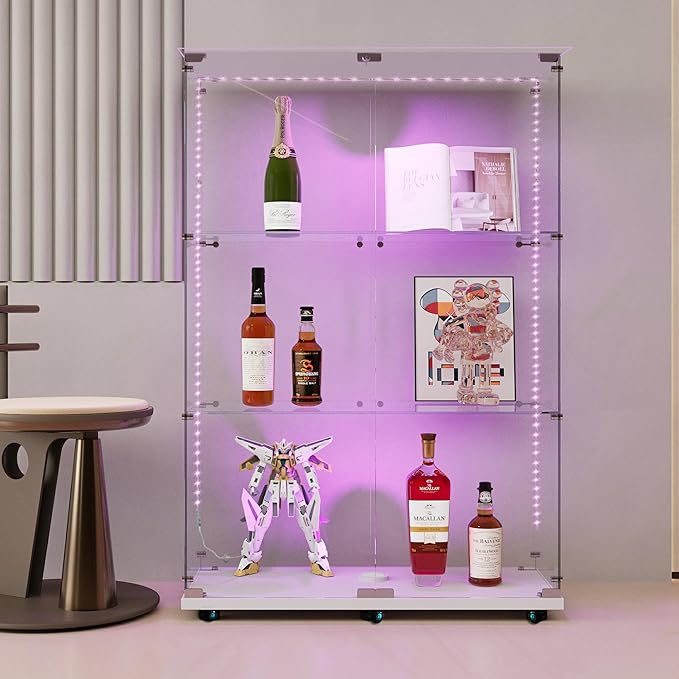 Yoluckea 3 Tiers Glass Display Cabinet with Bluetooth LED Light Strip, 2 Doors Floor Standing Curio Cabinet with Universal Wheel for Home, White Glass Bookshelf for Collections, Clear Top