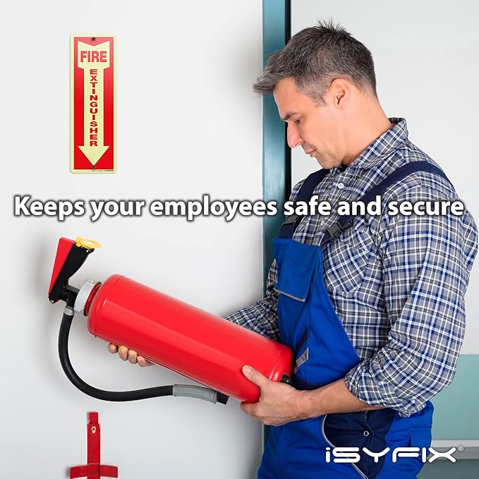 iSYFIX Fire Extinguisher Glow in the Dark Aluminum Signs – 5 Pack 4x12 Inch – Photoluminescent, Laminated for Ultimate UV and Fade Resistance, Indoor and Outdoor, for Business, Schools, Hospitals,