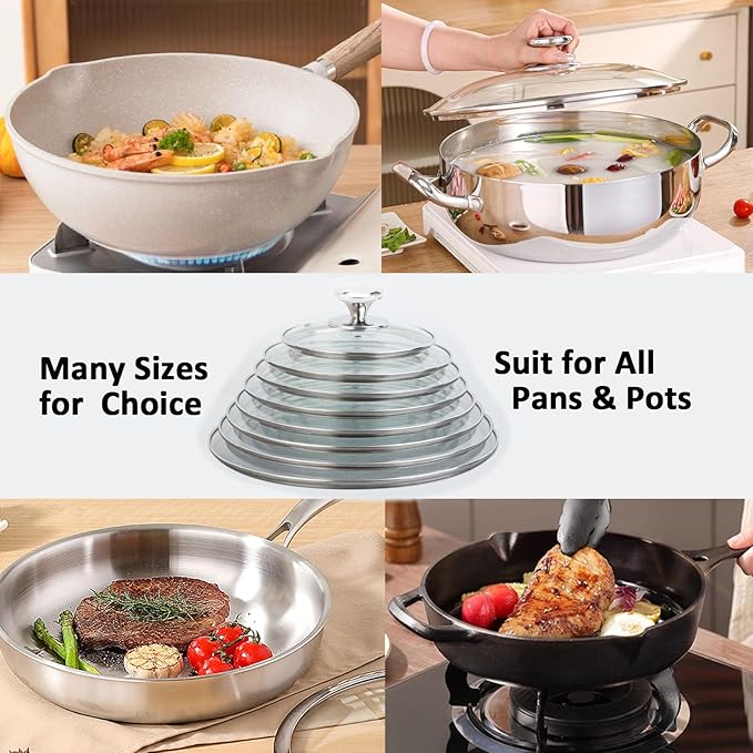 14 inch Glass Lid For Pots, Pans and Skillets, Clear tempered Glass Lid Replacement with Vent For Frying Pan, Stock Pot, Cast iron skillet, 8, 9.5, 10.25, 11, 12, 12.5, 13.5 and 14 Inch Glass Covers