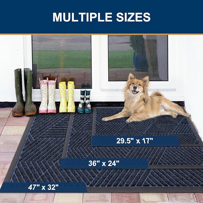 Smiry Front Door Mat Outside Entrance, Heavy Duty Sturdy Natural Rubber Doormat, Trap Dirt and Moisture, Easy Clean Low Profile Mats for Indoor Outdoor Entry, Irregular Triangle (47x32, Navy Blue)