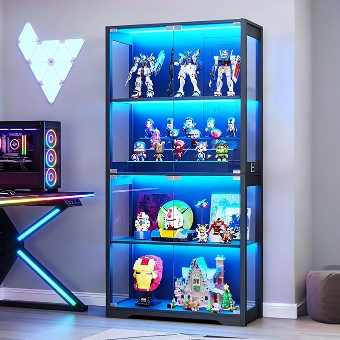 Display Cabinet with Glass Doors, Curio Cabinet with 3 LED Lights and Human Body Sensor, Bookcase with 4 Shelves Storage Cabinets, Black
