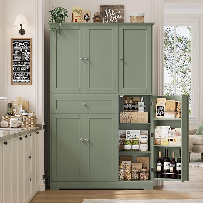 HOSTACK 68" Tall Kitchen Pantry Storage Cabinet, Modern Kitchen Hutch Cabinet with Doors and Shelves, Freestanding Food Pantry with Large Storage Drawer for Dining Room, Living Room, Green