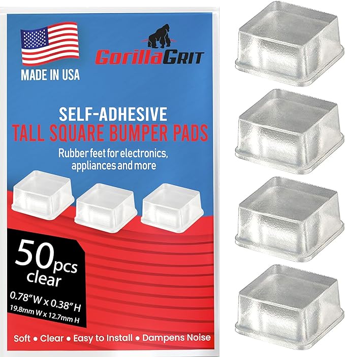 Clear Tall Square Adhesive Rubber Bumper Pads - Rubber Feet for Speakers, Electronics, Furniture, Appliances, Audio Equipment - 50 Pieces