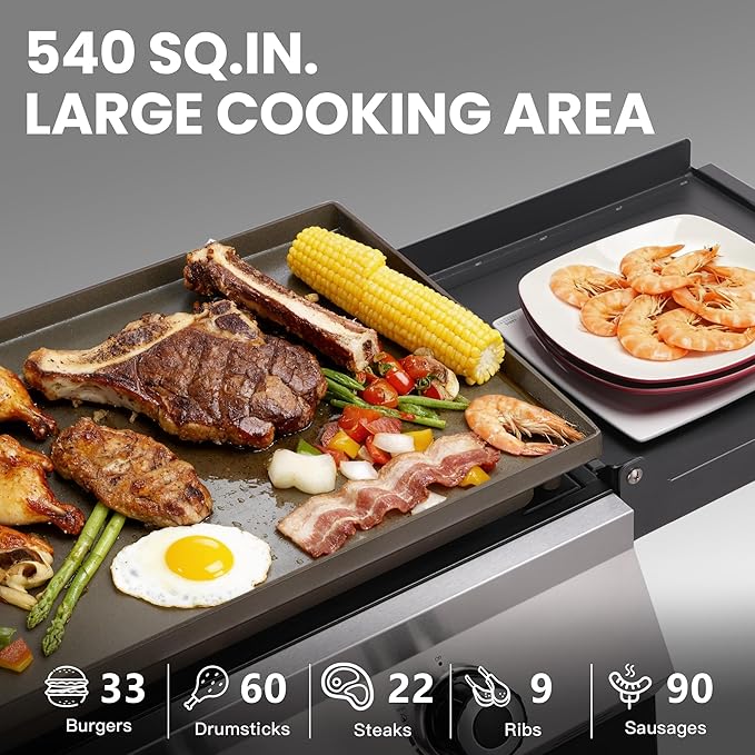5-Burner Propane Gas Griddle, 50,000 BTU Outdoor Flat Top Propane Grill with 540 Sq In Cooking Area, Rolling Wheels & Folding Side Shelves for Camping, Tailgating & Backyard BBQ, Black