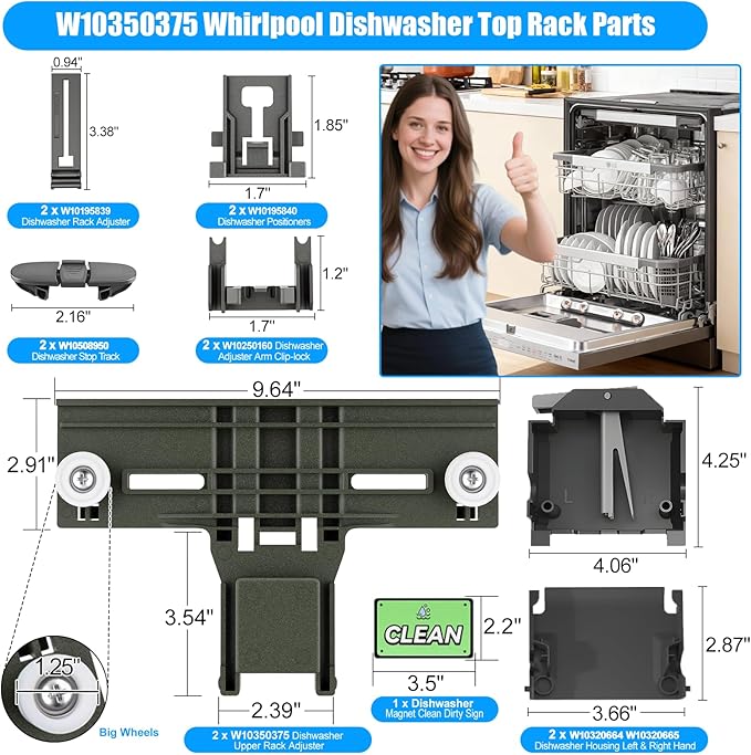 UPGRADED W10350375 Dishwasher Top Rack Parts & W10320664/5 Housing for Kenmore Whirlpool Dishwasher Parts WDT730PAHZ0 WDT750SAHZ0 WDTA50SAHZ0 WDT970SAHZ0 Upper Rack Parts,13 Pack