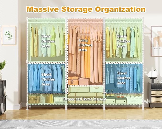 E14C Heavy Duty Closet Organizer System，Freestanding Clothing Racks for Hanging Clothes，Adjustable Garment Rack 70.1" W × 16.6" D × 76.4" H Hold 960 lbs，White Rack with Grey Dustproof Cover