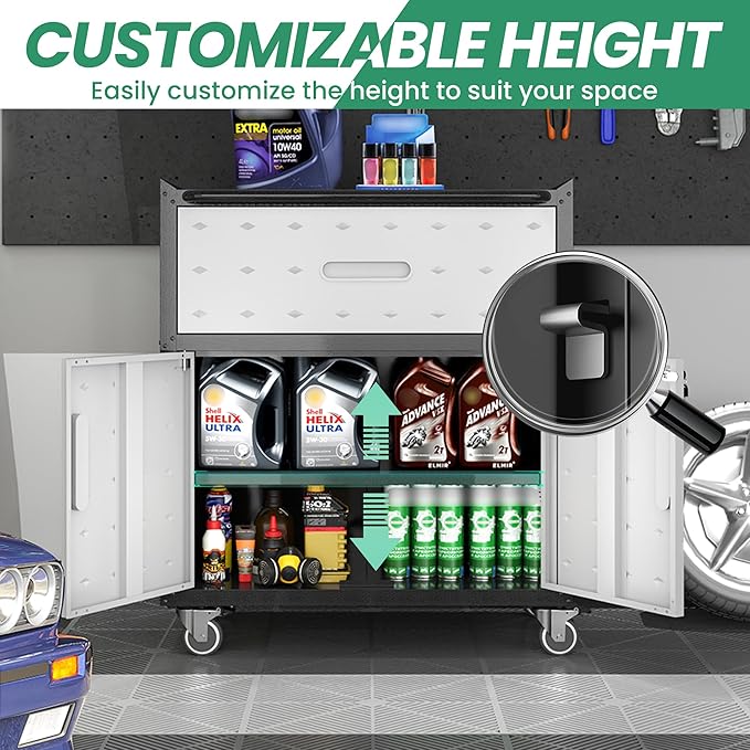 Garage Cabinets,Metal Garage Storage Cabinet with Wheels,Lockable Rolling Tool Cabinet with Drawer and Adjustable Shelves,Heavy Duty Tools Cabinet for Home Office Utility Room,Black/Grey