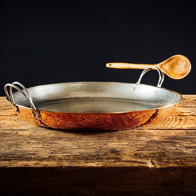 Sertodo 18 Inch Hand-Hammered Copper Paella Pan | Heavy-Gauge Pure Copper Frying Pan & Skillet | Artisan Cookware for Cooking & Serving – Alicante Style