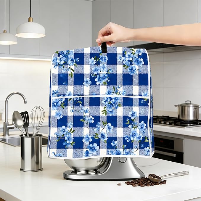 Stand mixer cover with handle and storage bag, reusable and washable, stylish retro floral design, keeps kitchen countertops clean and tidy (fits 6-8 quart mixers).