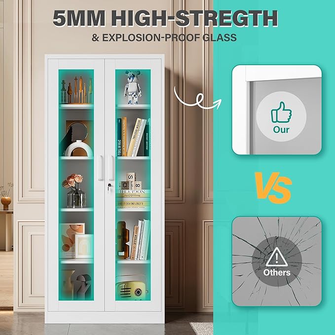 Metal Storage Cabinet with Lock and Glass Doors,71" Tall Glass Display Cabinet,White Storage Cabinets,Locking Curio Cabinets with 5 Shelves for Collectibles,Home,Office,Living Room