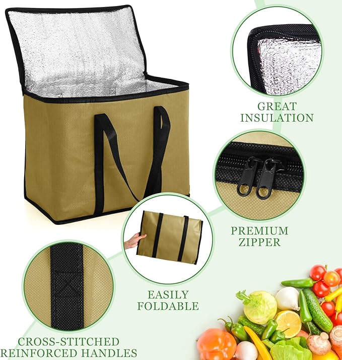 Kenning 15 Pcs Large Insulated Reusable Grocery Bags with Sturdy Zipper and Handles Foldable Washable Cooler Totes Heavy Duty Hot or Cold Food Delivery Bag for Food Transport Travel Lunch (Khaki)