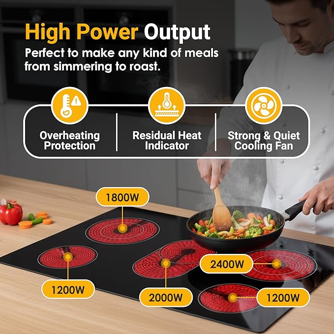 K&H 4 Burner Electric Cooktop - 24 Inch Built-In Radiant Ceramic Stove Top - 9 Power Levels & Touch Control, Compatible with All Cookware, 240V, 8600W High-Power Built-in Electric Stove, CE24-7206SL