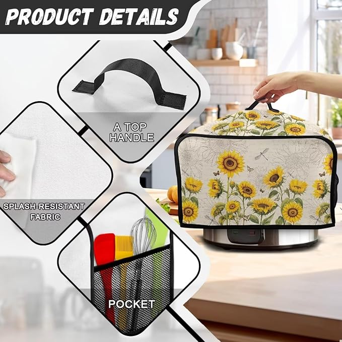 Sunflower Slow Cooker Dust Cover - Dragonfly Crock Pot Cover for 6-8 Qt Slow Cookers
