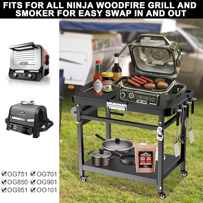 LS'BABQ Grill Stand for Ninja Woodfire Outdoor Smoker Pizza Oven Accessories, Foldable Cart Table With Wheels for Ninja XSKUNSTAND OG700 OG800 OG900 OO101 Series, Black