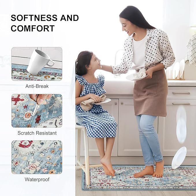 Collive Boho Kitchen Rugs and Mats 2PCS Cushioned Anti-Fatigue Floor Mat, Waterproof Kitchen Rug Set of 2 Non-Skid Comfort Standing Mat for Kitchen,Home,Office,Sink,Laundry,17"x30"+17"x47"