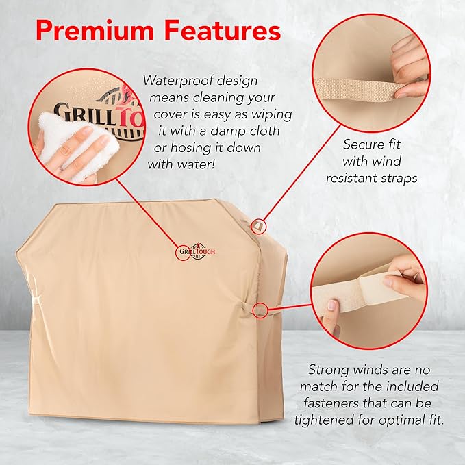 Heavy Duty BBQ Grill Cover for Outdoor Grill, 60 Inch – Waterproof, Weather Resistant, UV & Fade Resistant with Adjustable Straps – Gas Grill Cover for Weber, Genesis, Charbroil, etc. Tan