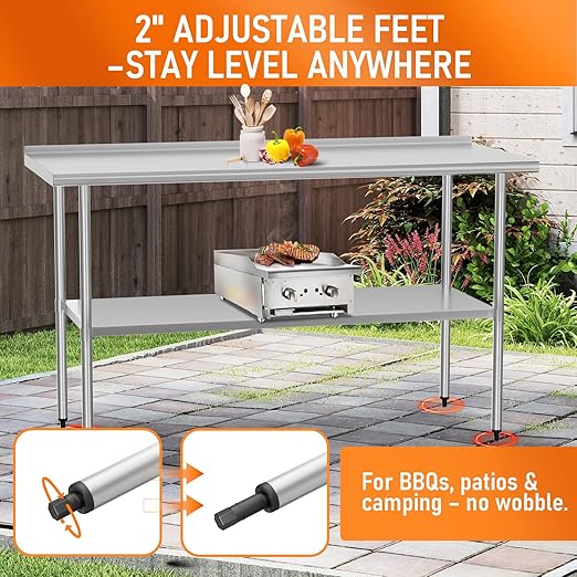 HOCCOT Stainless Steel Table 24" x 60" with Adjustable Undershelf and Backsplash, Commercial Metal Workstations for Kitchen, Garage, Outdoor BBQ