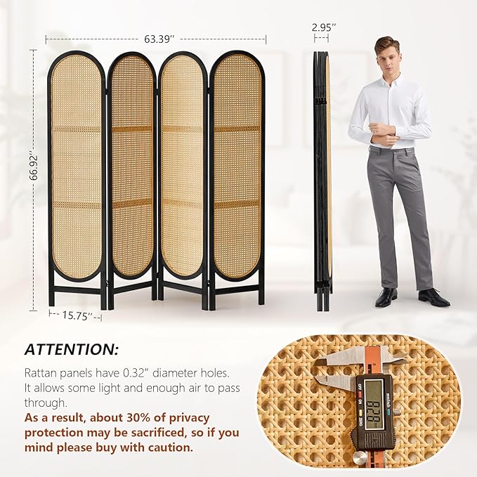 4 Panel Room Divider, Hand-Woven Rattan Room Divider Screen, Folding Privacy Screens with Double Hinges, Wooden Freestanding Wall Divider for Room Separation Bedroom Home Office - Black