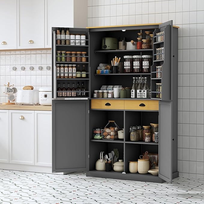 Merax 71.3" Tall Kitchen Storage Cabinet Pantry Wood Freestanding Large Cupboard with 2 Drawers,2 Adjustable Shelves,8 Door-Shelf for Dining Room,Grey