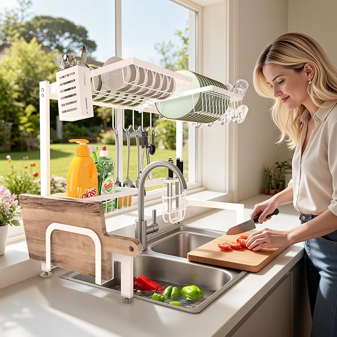 HOTEAGLE Dish Drying Rack for Kitchen Counter 2 Tier Expandable Over Sink Dish Rack, 25.6"-33.5" L x 12.4" W x 20.5" H, White
