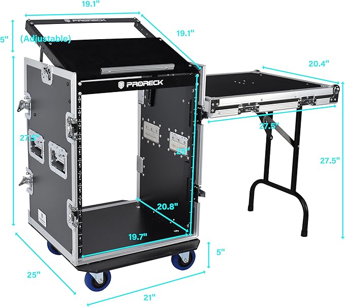 PRORECK 14U Rack/Road Case With Slant Mixer Top, One Side table And Casters, 20'' Rackable Depth, Plywood, 14U Installation Size, Pro Stage Performance.