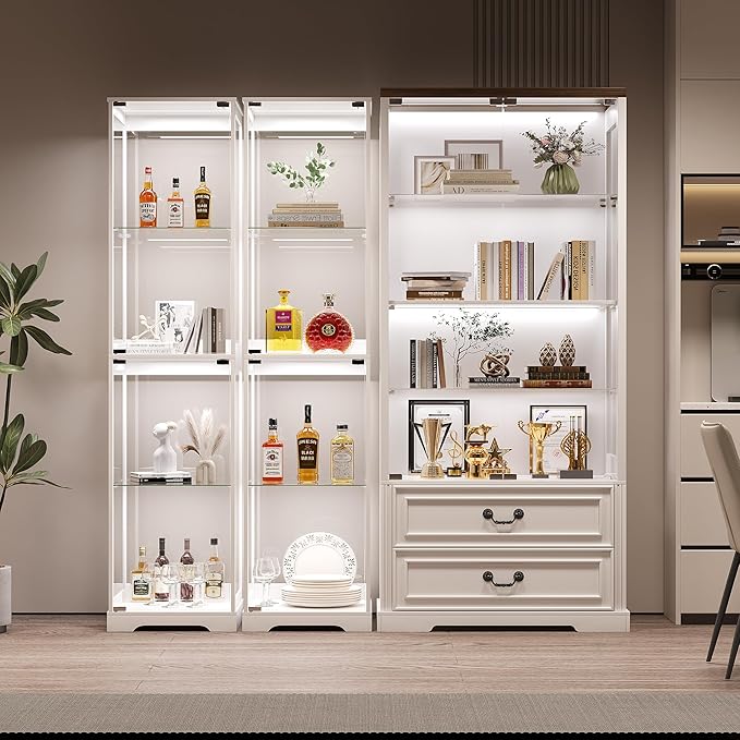 Glass Display Cabinet with Doors, 65" Tall 4-Tier Curio Display Case with 3 Color Lights and Human Body Sensor, Bookcase for Collectibles, White