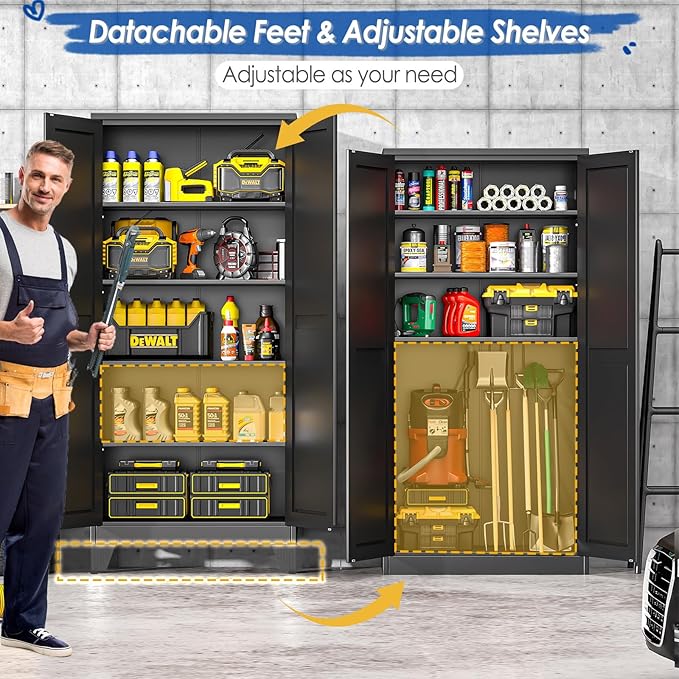 71" Tall Metal Storage Cabinet with 2 Doors and 4 Adjustable Shelves, Kitchen Pantry Cabinet Black Freestanding Cupboard, 5 Tier Multifunctional Steel Storage for Office, Kitchen, Dining Room