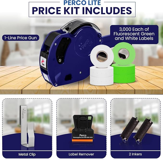 Perco Lite 1 Line Price Gun with Labels Kit - Includes 3 White Rolls, 3 Fluorescent Green Rolls, 2 Ink Rollers, 1 Ink roll and Labels Pre-Loaded