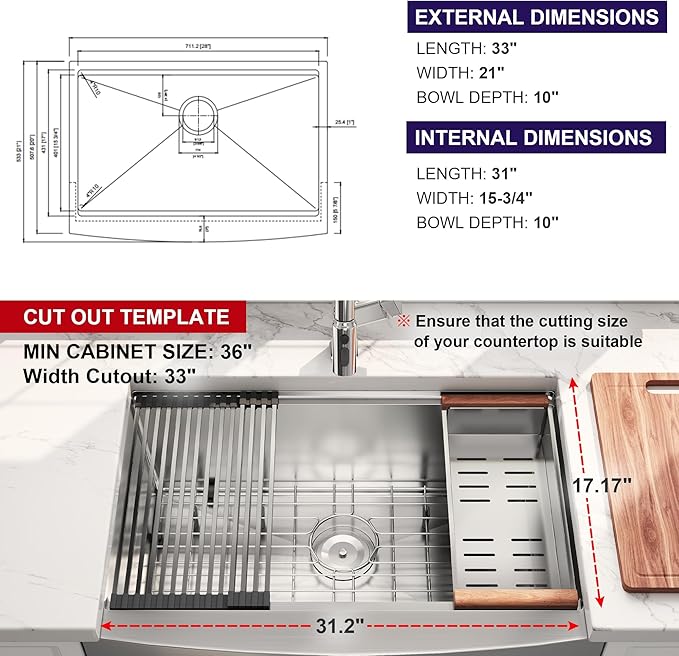 33 Inch Workstation Farmhouse Kitchen Sink 16 Gauge Stainless Steel Undermount Apron Front Sinks with Accessories Combo 33" x 21" x 10"