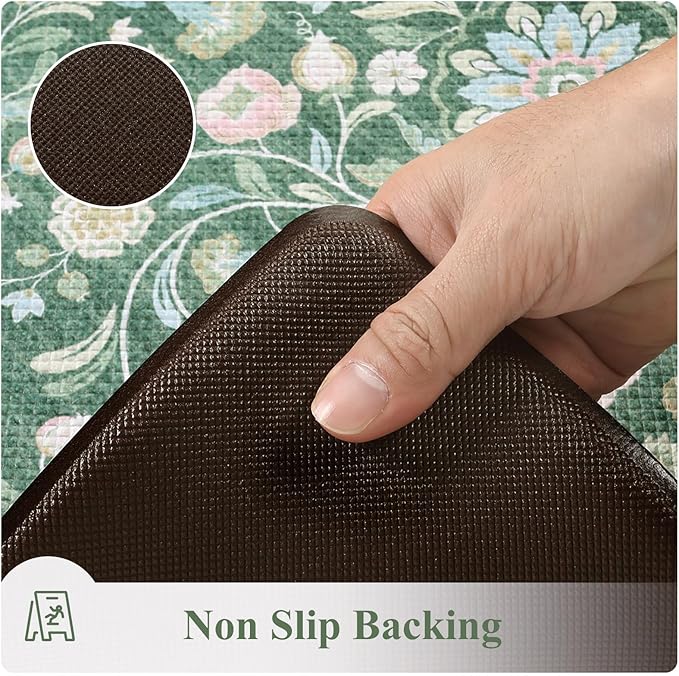 KIMODE Comfort Kitchen Mats for Floor Cushioned Anti Fatigue,Farmhouse Floral Spring Kitchen Rugs Sets of 2 Non Slip,Memory Foam Standing Carpet for Laundry Sink Office,Green