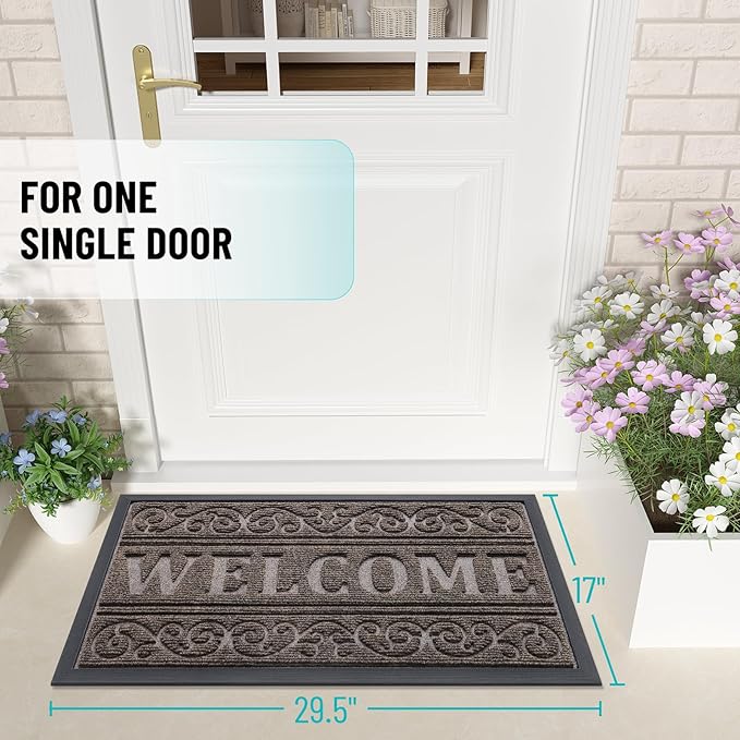 OLANLY Welcome Door Mat Indoor Outdoor Entrance, Heavy Duty Sturdy Front Door Mat, Waterproof All-Weather Doormat, Stain Resistant, Low Profile, Easy Clean Patio Entryway Mat, 29.5 x 17, Medium Brown