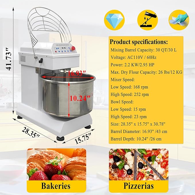 TECHTONGDA Commercial Dough Mixer Mixing Machine, 30QT Dough Kneading Machine with Timing Function, Spiral Stand Mixing Machine, Double Acting Double Speed, Baking Equipment for Restaurant Pizzeria